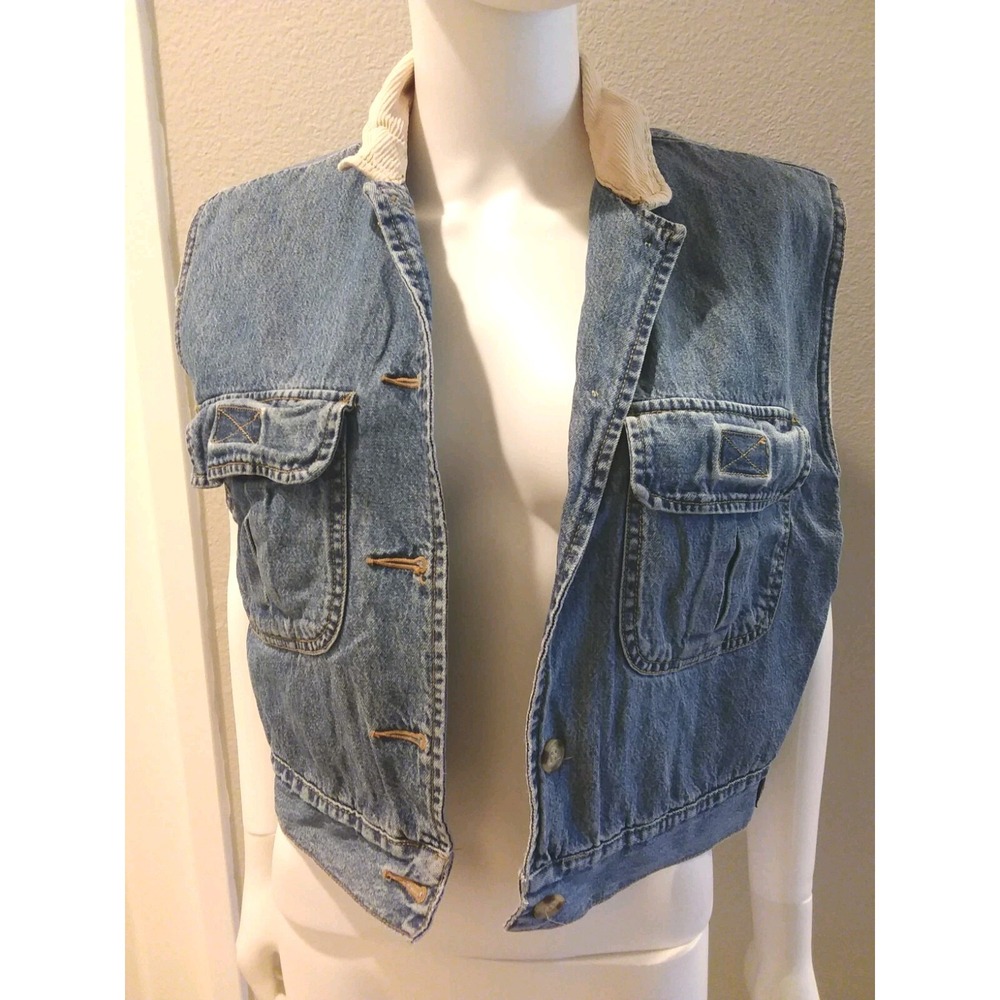 Vtg Union Bay Vest Sz Large Blue Denim Stone Wash Tuft Lining Corduroy Collar